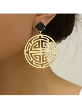 Gold Greek style Circular Cutout Drop Earrings with Black Stud -New